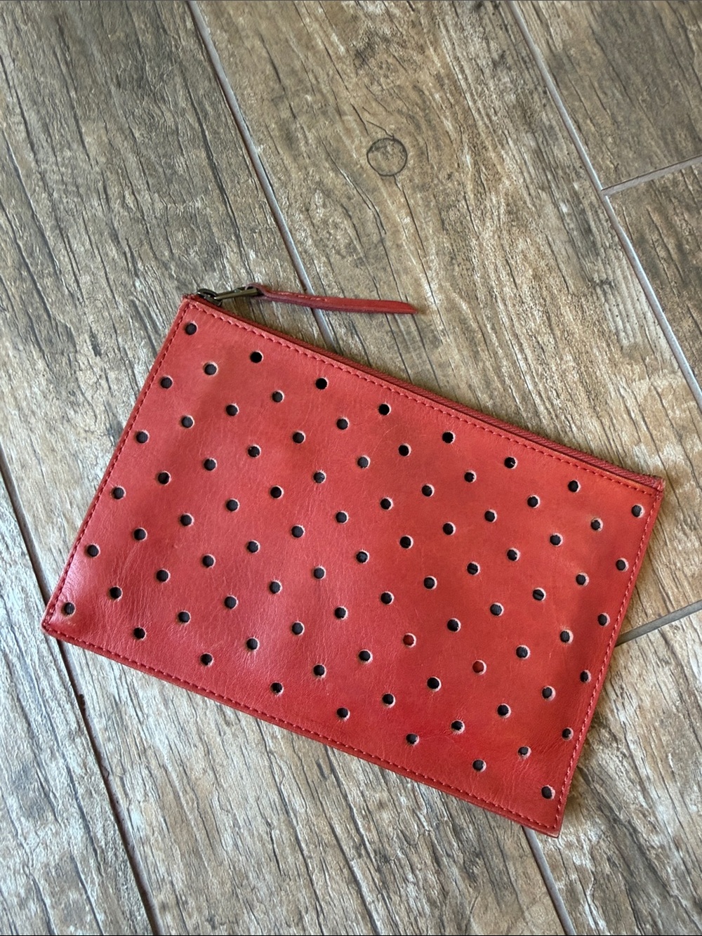 Madewell The Leather Pouch Clutch In Holepunch Geo Orange Red Leather Case
